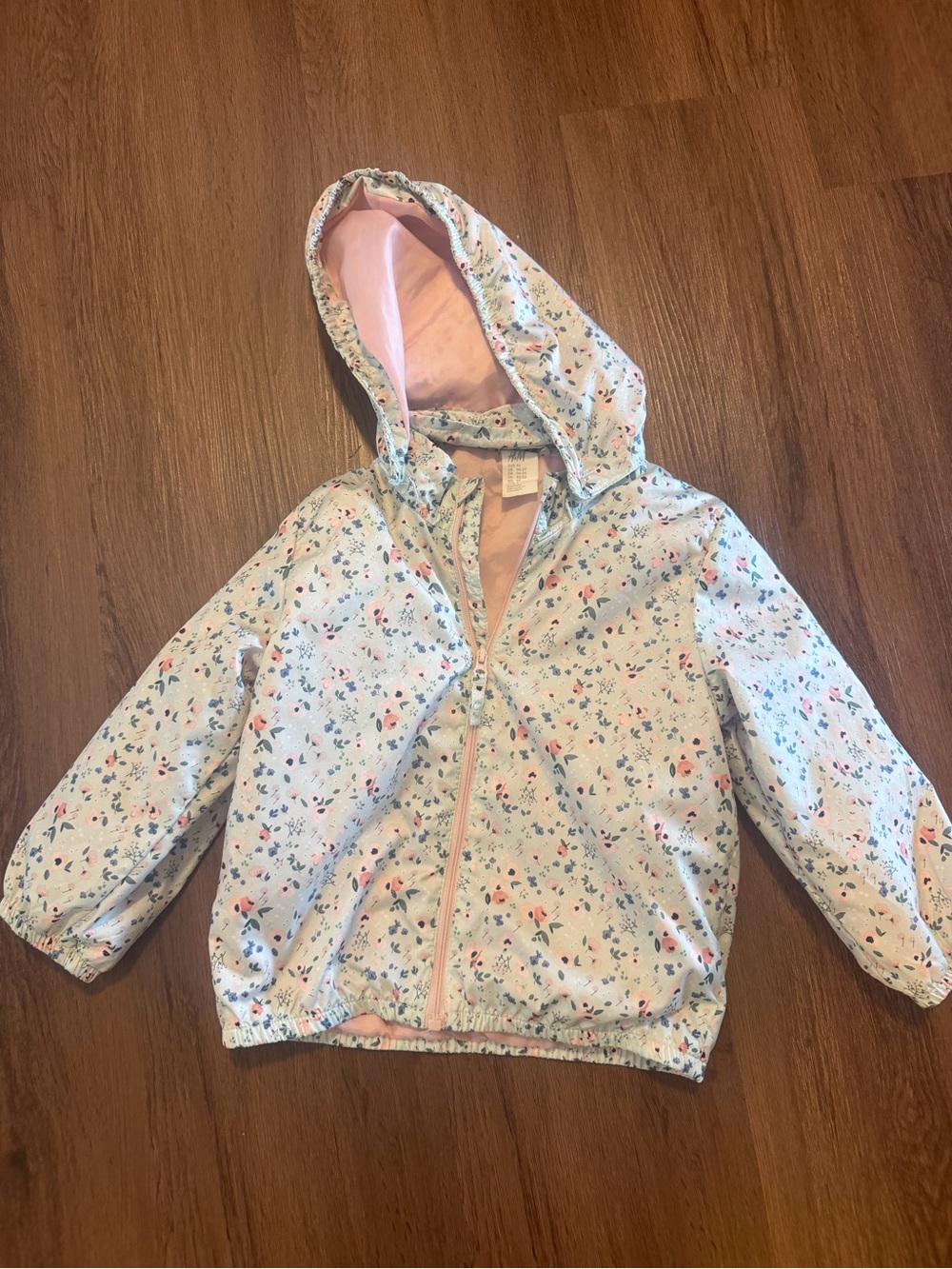 Kids Hooded Floral Windbreaker Jacket - Light Blue/Pink